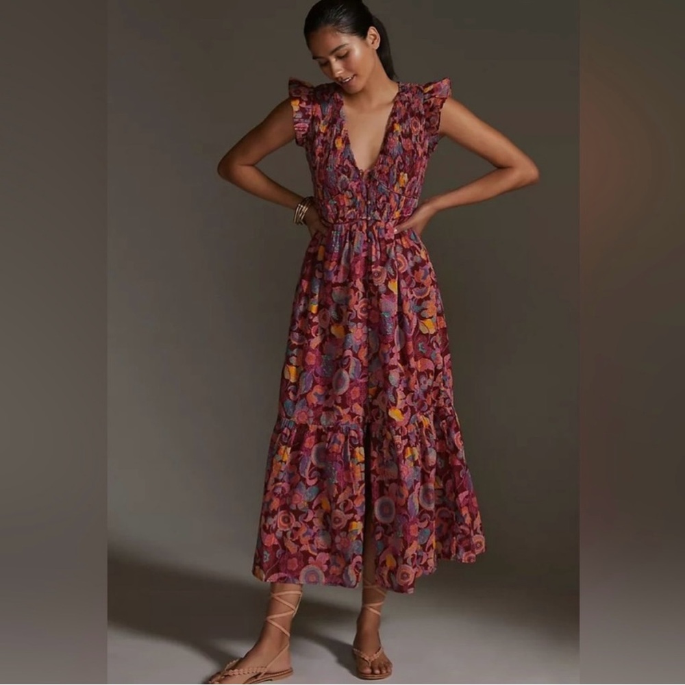 Anthropologie Red and Pink Tiered Maxi Sundress